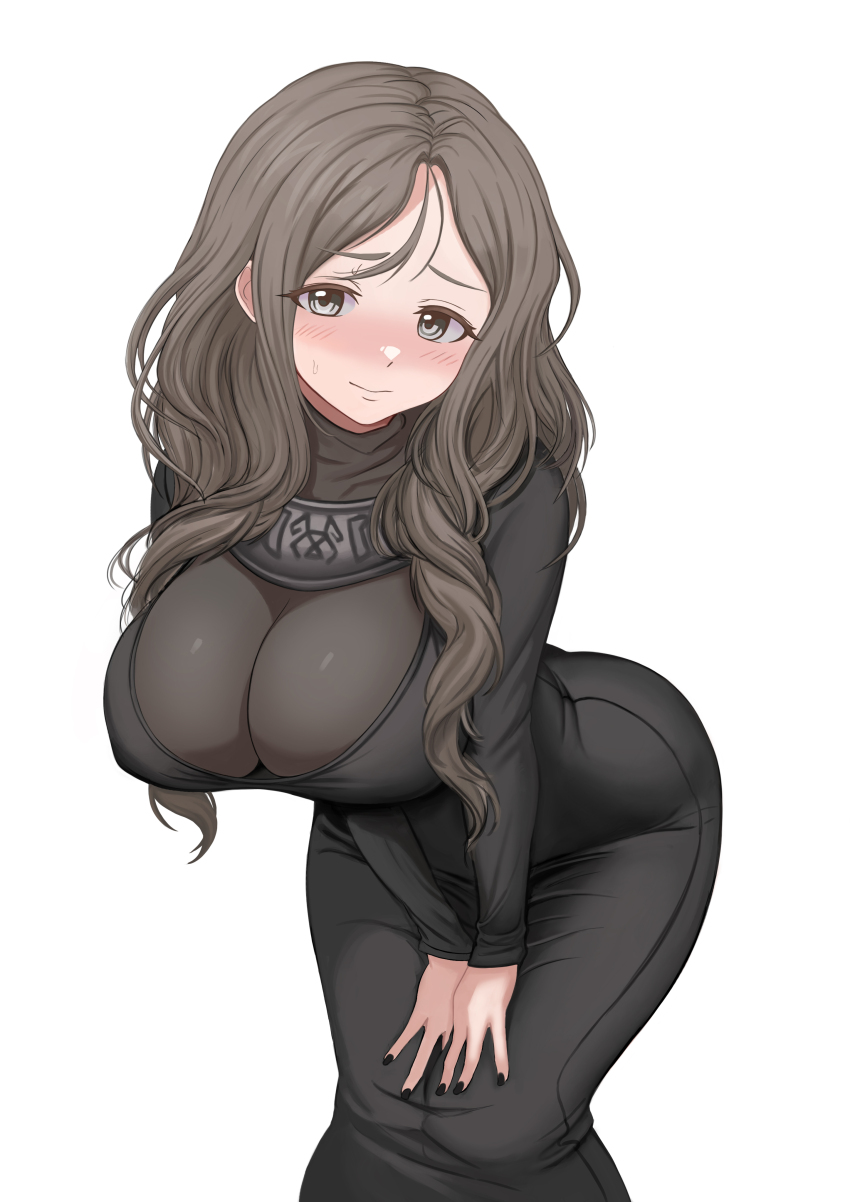 1girl absurdres black_nails black_robe blush breasts brown_hair closed_mouth commentary enki_(fear_&amp;_hunger) fear_&amp;_hunger_(series) fear_&amp;_hunger_1 feet_out_of_frame genderswap genderswap_(mtf) grey_background grey_eyes highres hodan_(ccvh4333) large_breasts leaning_forward long_hair looking_at_viewer robe simple_background solo