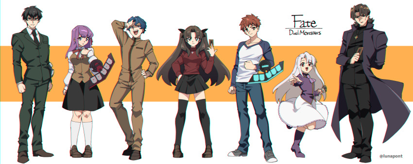 3girls 4boys arm_behind_back between_fingers black_coat black_necktie black_pants black_shirt black_skirt black_thighhighs blue_hair brown_jacket brown_pants brown_shoes card coat copyright_name cross cross_necklace crossover duel_disk emiya_shirou fate/stay_night fate_(series) full_body glasses hand_on_own_head hand_on_own_hip highres holding holding_card illyasviel_von_einzbern jacket jewelry kotomine_kirei kuzuki_souichirou long_hair lunapont matou_sakura matou_shinji multiple_boys multiple_girls necklace necktie pants pleated_skirt purple_eyes purple_hair purple_shirt raglan_sleeves red_ribbon red_sweater ribbon shirt shoes skirt socks sweater thighhighs tohsaka_rin twitter_username white_hair white_shirt white_skirt white_socks yu-gi-oh!
