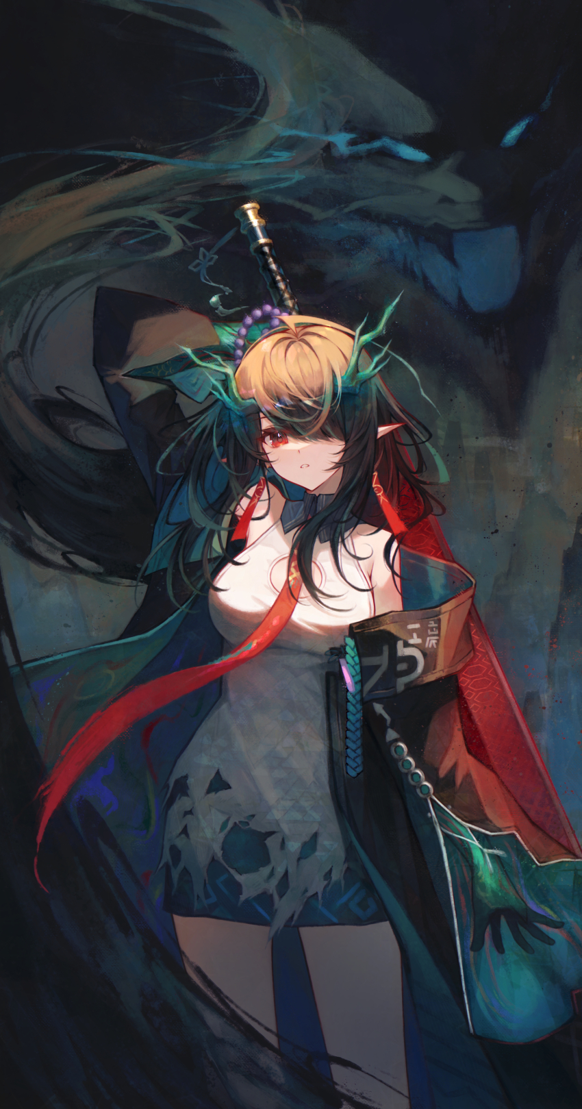 1girl absurdres apparition aqua_hair arknights bare_shoulders black_hair breasts colored_skin cowboy_shot dragon_girl dragon_horns dress dusk dusk_(arknights) green_hair green_skin hair_over_one_eye highres holding holding_behind_back holding_sword holding_sword_behind_back holding_weapon holding_weapon_behind_back horns ijac_ray large_breasts long_hair looking_at_viewer multicolored_hair necktie off_shoulder parted_lips pointy_ears red_eyes red_necktie standing sword weapon white_dress