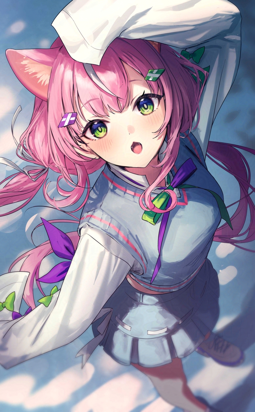 1girl absurdres animal_ear_fluff animal_ears blush extra_ears from_above green_eyes green_ribbon grey_skirt grey_sweater_vest hair_ornament highres long_hair looking_at_viewer multicolored_hair nijisanji nijisanji_kr parted_lips pink_hair purple_ribbon ribbon shoes skirt sleeves_past_fingers sleeves_past_wrists sneakers solo streaked_hair sweater_vest tone_haruma two-tone_hair two-tone_ribbon virtual_youtuber white_hair yang_nari