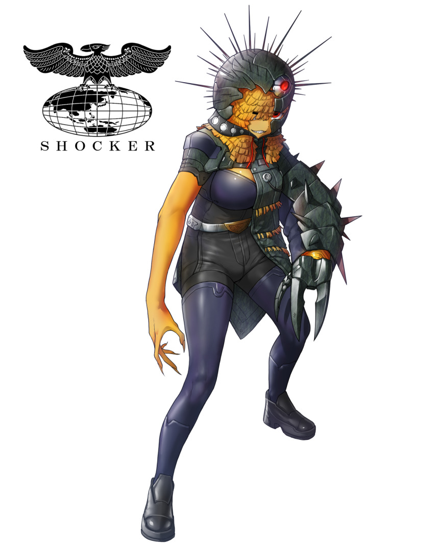 1girl belt belt_buckle black_footwear blonde_hair buckle cable claws colored_skin commentary cyborg eidenjyou1997 english_commentary genderswap genderswap_(mtf) glowing hair_over_one_eye highres kamen_rider kamen_rider_(1st_series) logo mechanical_arms monster_girl red_eyes shocker_(kamen_rider) simple_background single_mechanical_arm solo spikes teeth unidogma white_background yellow_skin