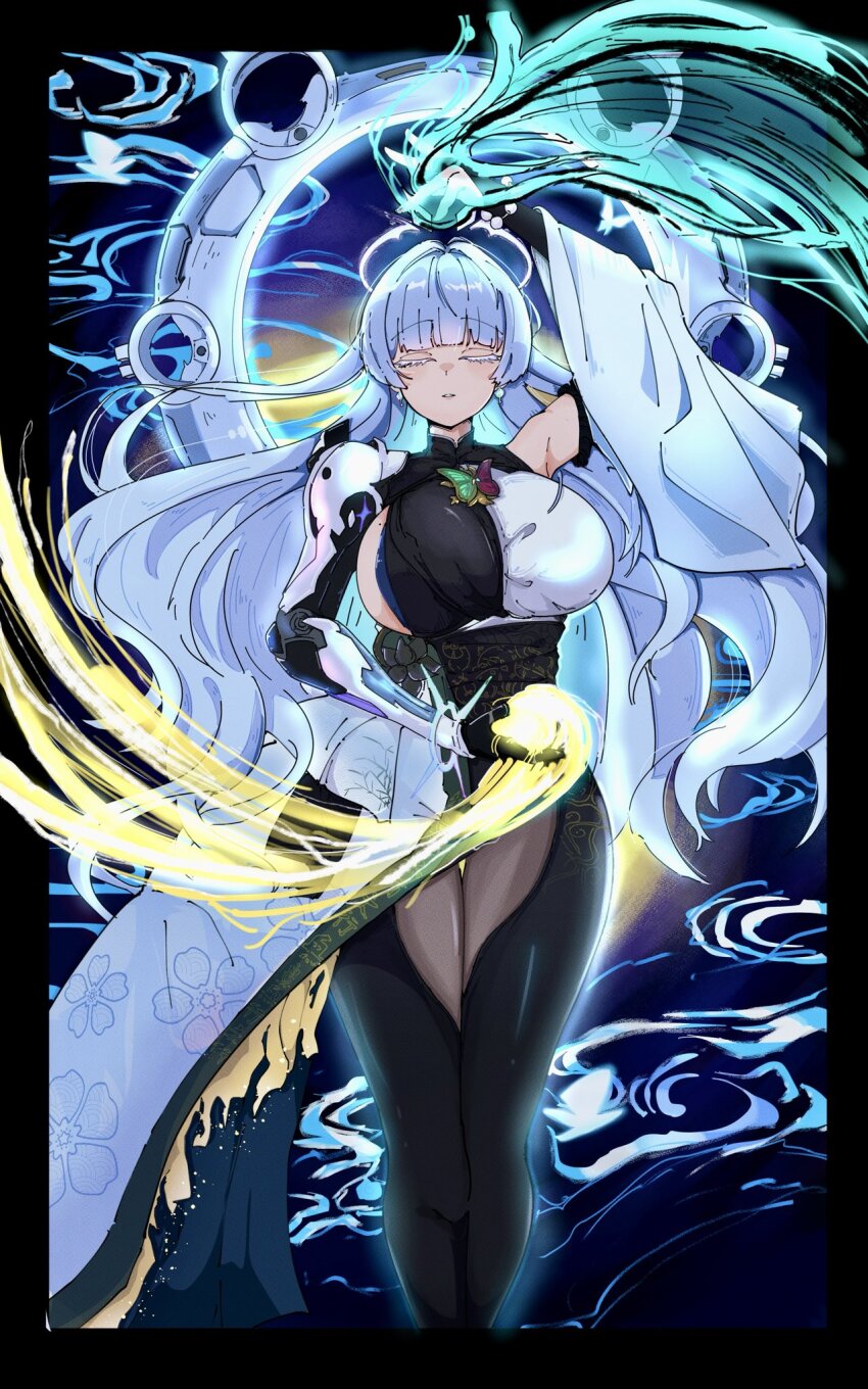 1girl bead_bracelet beads bracelet breasts bug butterfly cain_lk colored_eyelashes commentary_request goddess_of_victory:_nikke highres insect jewelry large_breasts mole mole_on_breast monk nayuta_(nikke) solo split-color_clothes thick_eyelashes white_eyelashes