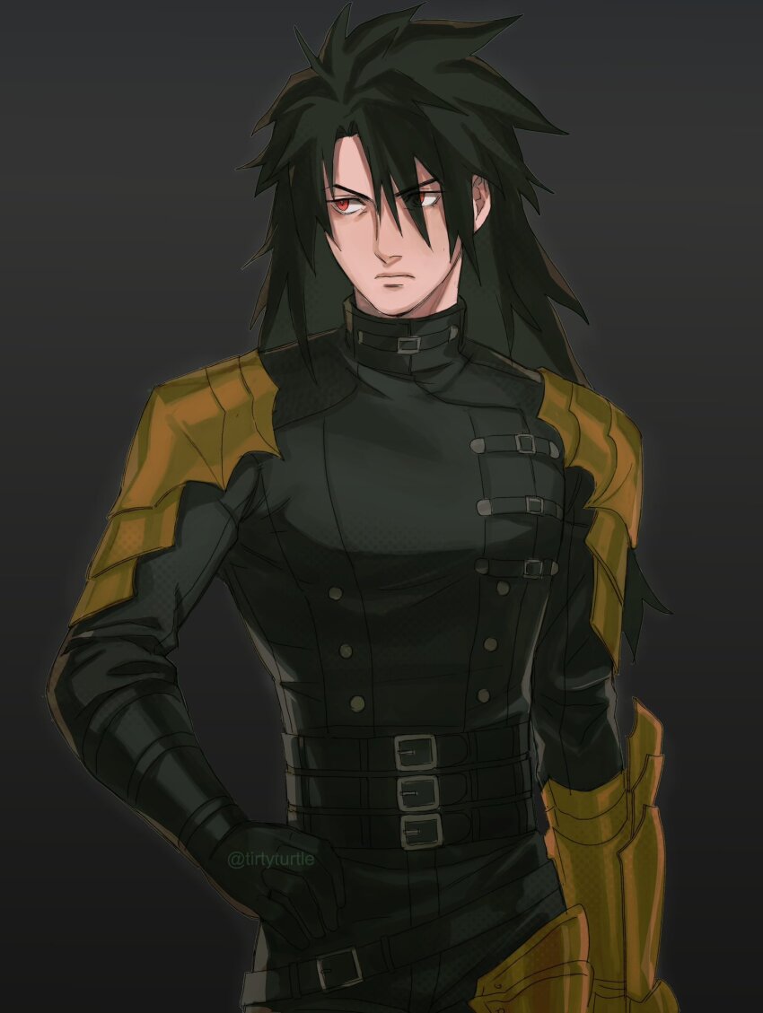 1boy armor belt belt_buckle black_background black_gloves black_hair black_jacket black_pants buckle closed_mouth commentary english_commentary final_fantasy final_fantasy_vii final_fantasy_vii_rebirth final_fantasy_vii_remake gauntlets gloves gradient_background hair_between_eyes highres jacket long_hair long_sleeves looking_to_the_side male_focus multiple_belts pants red_eyes shoulder_armor single_gauntlet single_glove solo spiked_hair tirtyturtle upper_body vincent_valentine