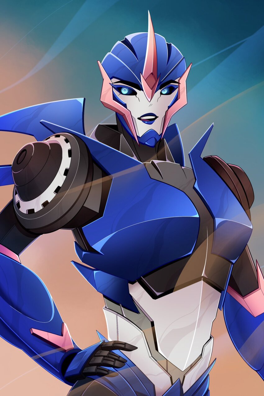 1girl arcee arcee_(prime) blue_eyes blue_lips breasts corporealbox hand_on_own_hip helmet highres humanoid_robot mecha mecha_focus mechanical_wings medium_breasts metal_skin no_humans robot robot_girl science_fiction transformers transformers_prime wings