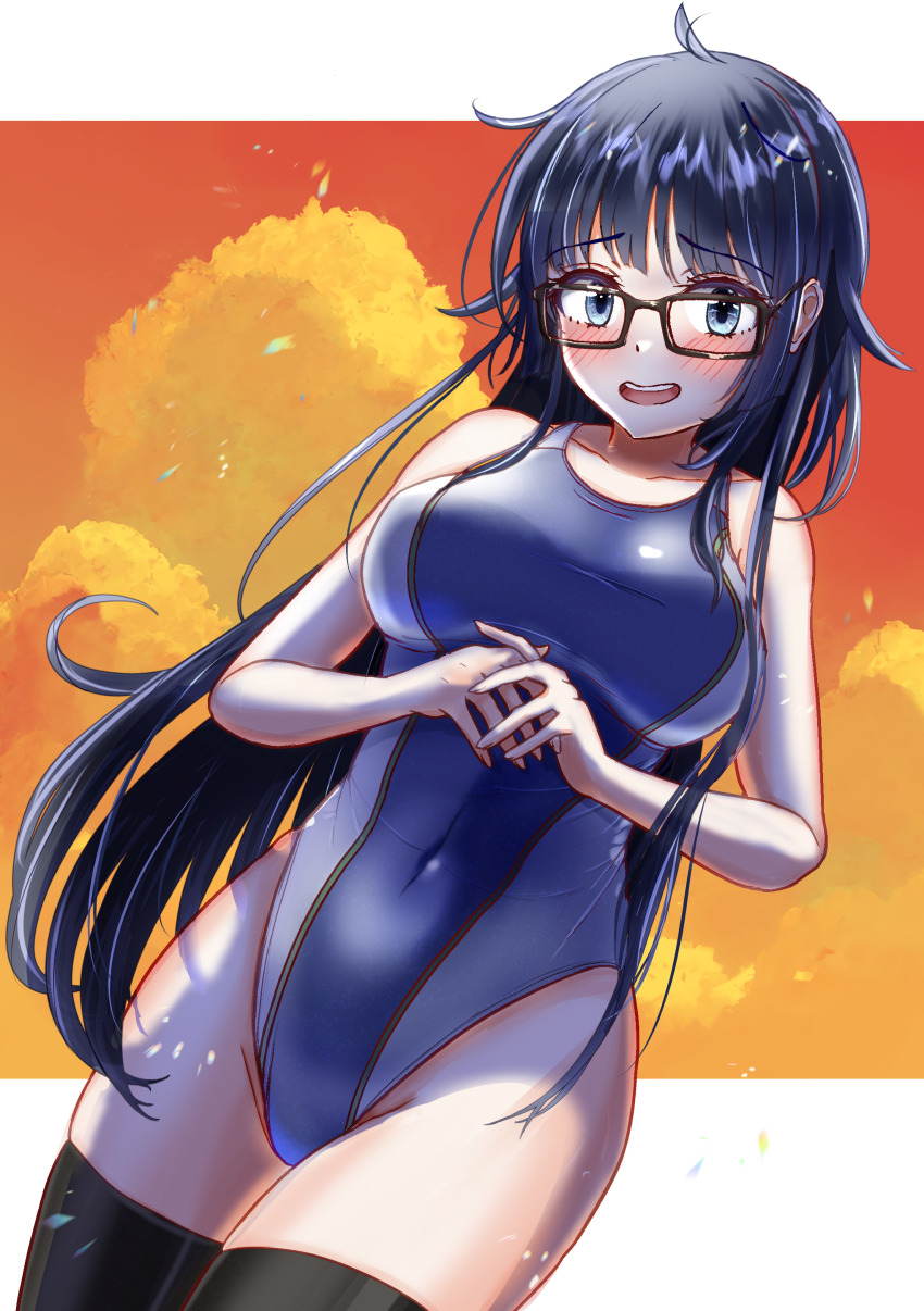 1girl absurdres ahoge black_hair black_thighhighs blue_one-piece_swimsuit breasts charomi cloud competition_swimsuit covered_navel cowboy_shot gero_mitsuki glasses grey_hair highres large_breasts long_hair looking_at_viewer one-piece_swimsuit onsen_musume orange_sky red-framed_eyewear sky solo swimsuit thighhighs two-tone_swimsuit