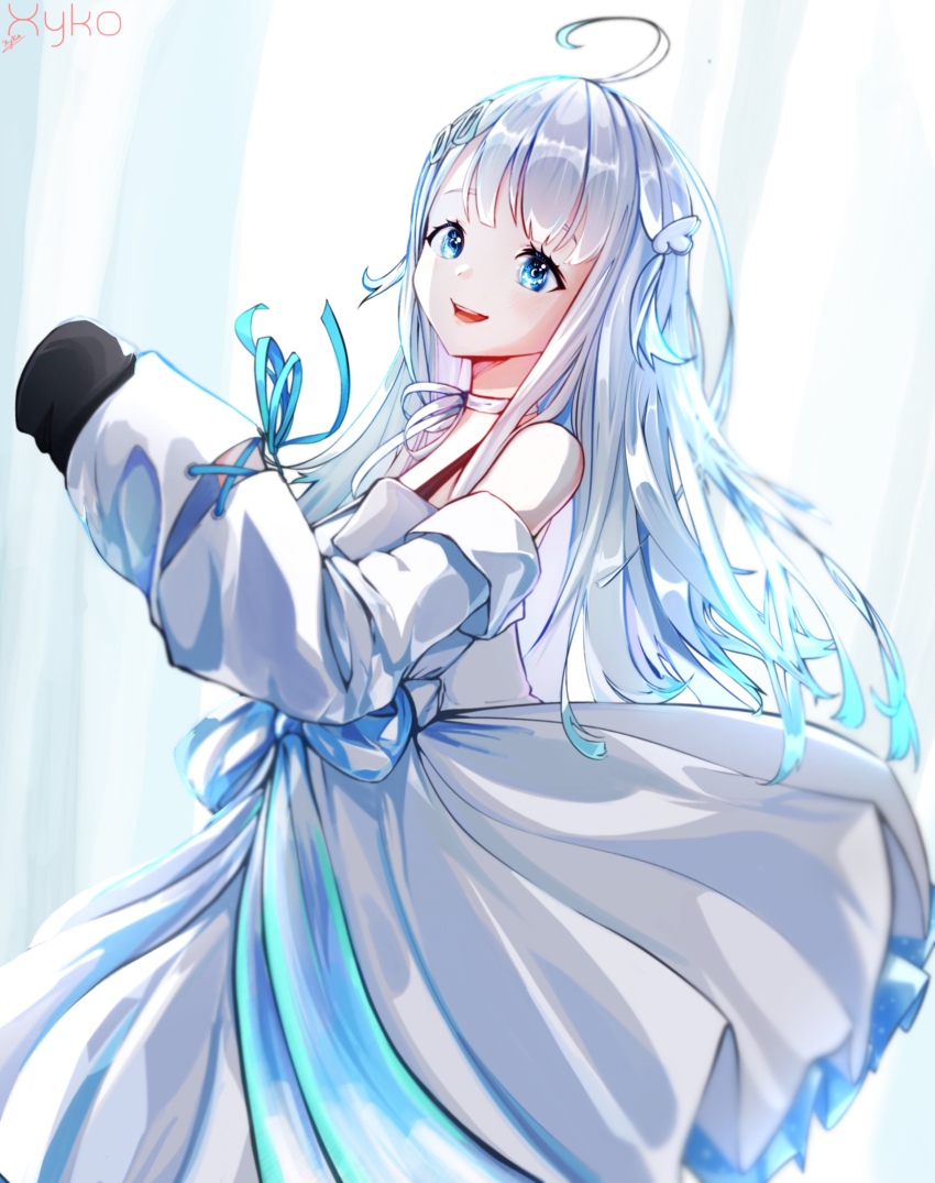 1girl absurdres ahoge amatsuka_uto angel_wings bare_shoulders blue_eyes blue_hair colored_tips cubeskar detached_sleeves dress flowing_dress_(dq) hair_ornament hairclip halter_dress halterneck highres indie_virtual_youtuber layered_dress long_hair long_sleeves looking_at_viewer multicolored_hair off-shoulder_dress off_shoulder open_mouth ribbon simple_background sleeves_past_wrists smile solo teeth twintails virtual_youtuber wings