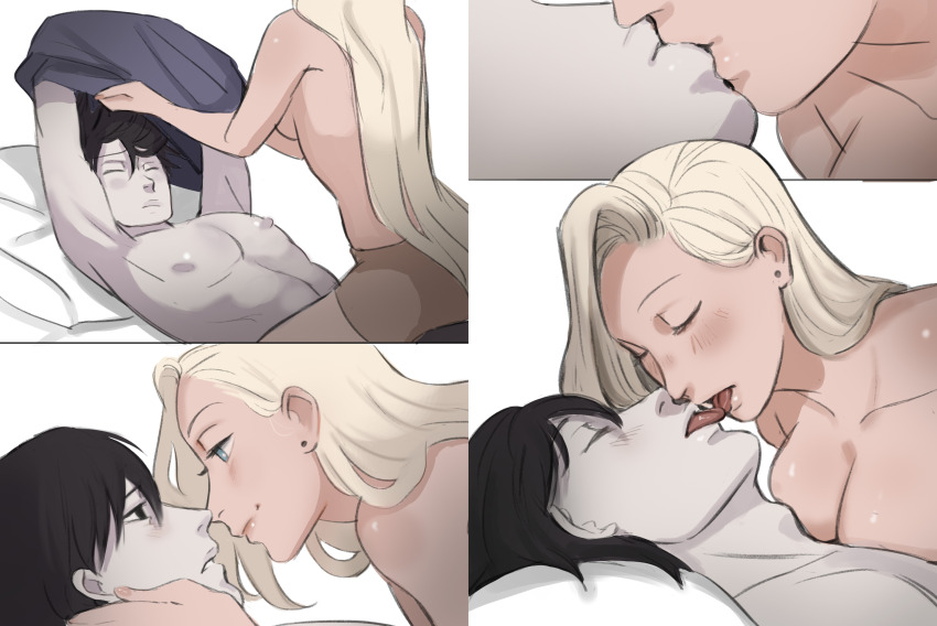 1boy 1girl absurdres bare_shoulders black_hair blonde_hair blue_eyes boruto:_naruto_next_generations breasts clothes_lift couple french_kiss hair_between_eyes hair_over_one_eye hetero highres husband_and_wife imminent_kiss kiss large_areolae large_breasts long_hair monday_mint naruto_(series) navel nipples pale_skin pectorals purple_shirt sai shirt shirt_lift shorts simple_background smile thick_lips toned toned_male tongue tongue_out undressing white_background yamanaka_ino