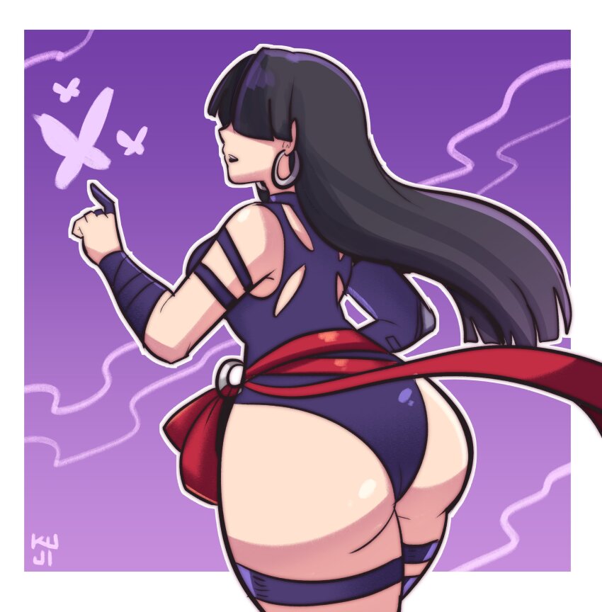 1girl ass ass_focus black_hair bug butterfly earrings highres insect jewelry kujikawaii long_hair marvel marvel_rivals psylocke psylocke_(marvel_rivals) solo