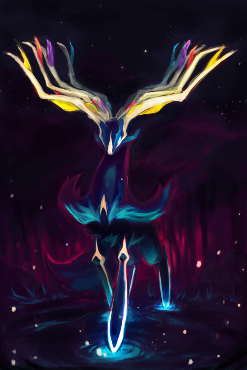 commentary delano-laramie energy english_commentary full_body gen_6_pokemon glowing highres horns legendary_pokemon nintendo no_humans pokemon pokemon_(creature) solo standing xerneas