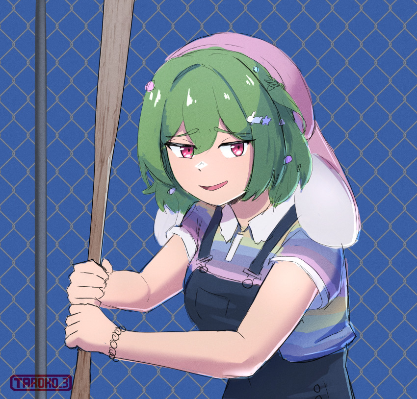 1girl absurdres animal_hat baseball_cap black_overalls chain-link_fence commentary english_commentary fence green_hair hair_between_eyes hat highres ichika_maia indie_virtual_youtuber ishygddt_(meme) looking_at_viewer meme open_mouth overalls pink_hat purple_shirt rabbit_hat red_eyes seinfeld shirt short_hair short_sleeves smile solo striped_clothes striped_shirt taroko3 upper_body virtual_youtuber