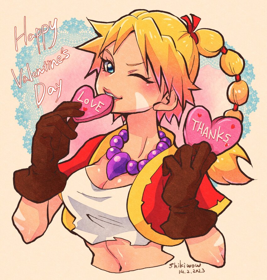 1girl absurdres artist_name bead_necklace beads blonde_hair blush breasts brown_gloves chrono_cross cleavage crop_top cropped_jacket cropped_torso dated gloves gold_trim hair_ribbon happy_valentine heart highres holding holding_heart jacket jewelry kid_(chrono_cross) long_hair looking_at_viewer medium_breasts midriff multi-tied_hair navel necklace one_eye_closed parted_lips ponytail red_jacket red_ribbon ribbon shikiwo shirt short_sleeves solo torn_clothes torn_shirt