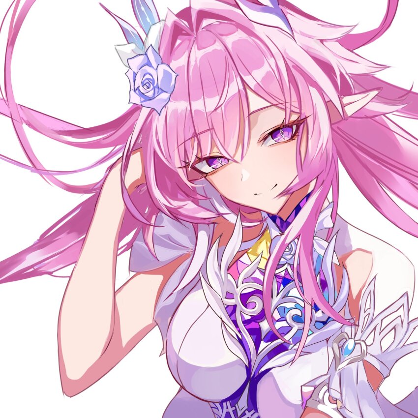 1girl breasts cyrene_(honkai:_star_rail) cyrene_(ripples_of_past_reverie)_(honkai:_star_rail) flower hair_flower hair_ornament highres honkai:_star_rail honkai_(series) large_breasts long_hair looking_at_viewer pink_hair pointy_ears purple_eyes sas_(ls08b) smile solo unfinished upper_body