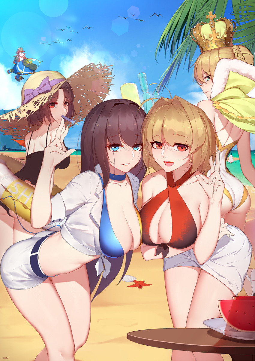 5girls aozaki_aoko arcueid_brunestud artoria_pendragon_(fate) artoria_pendragon_(swimsuit_archer)_(fate) artoria_pendragon_(swimsuit_archer)_(third_ascension)_(fate) ass beach black_hair blonde_hair blue_dress blue_eyes blue_legwear bow braid breasts cape cleavage competition_swimsuit crown day dress fate/grand_order fate_(series) food french_braid fruit green_crown green_eyes hair_between_eyes hat highres innertube langya_beike large_breasts mahou_tsukai_no_yoru medium_breasts mini_nobu_(fate) multiple_girls nero_claudius_(fate) nero_claudius_(swimsuit_caster)_(fate) oda_nobunaga_(fate) oda_nobunaga_(koha-ace) one-piece_swimsuit red_eyes ryougi_shiki short_hair short_shorts shorts smile sun_hat swim_ring swimsuit water_gun watermelon weapon white_one-piece_swimsuit yellow_eyes