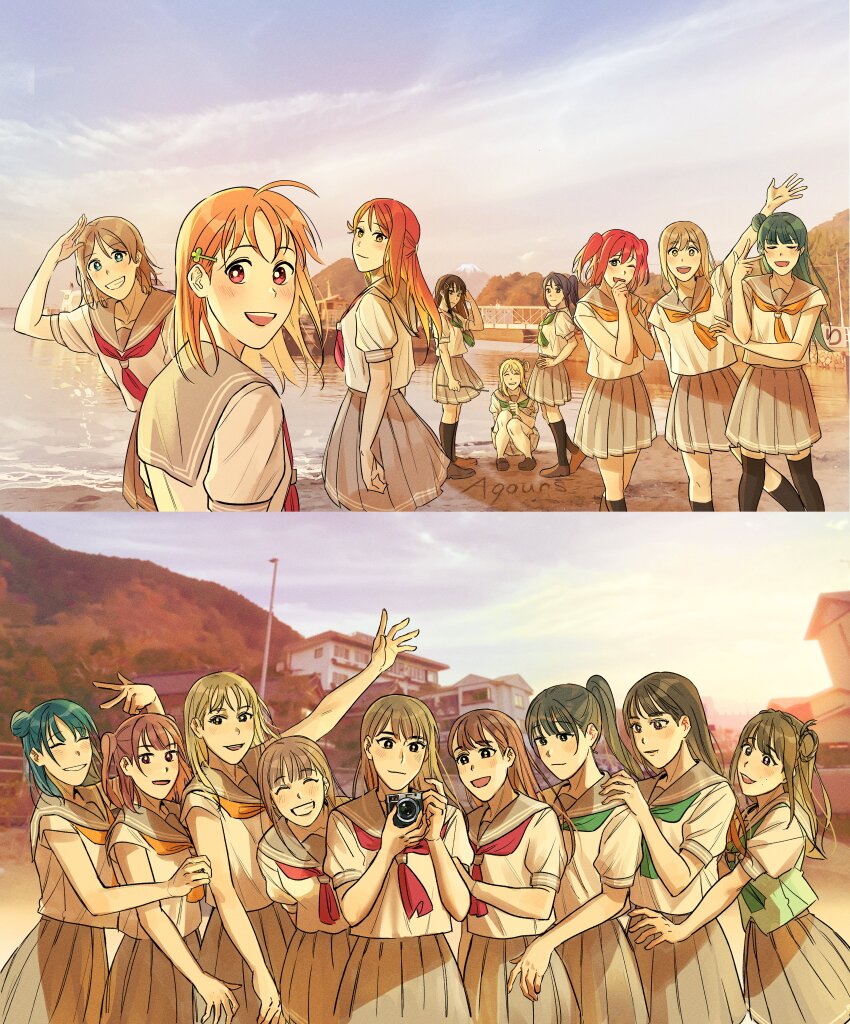 absurdres beach brown_hair cloud everyone highres kunikida_hanamaru kurosawa_dia kurosawa_ruby legs long_hair love_live! love_live!_sunshine!! matsuura_kanan mountain multiple_girls mumuir0315 ocean ohara_mari sakurauchi_riko short_hair sky takami_chika town tsushima_yoshiko watanabe_you
