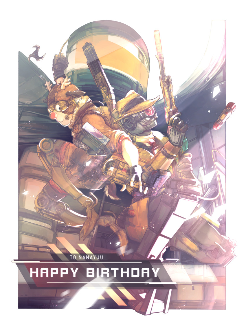 2boys absurdres airborne animification apex_legends arc_star brown_headwear brown_jacket clothed_robot dasher_octane fedora from_side ginya_(silvernight0301) googly_eyes gun gun_on_back happy_birthday hat highres holding holding_gun holding_weapon humanoid_robot jacket male_focus mask memoir_noir_pathfinder multiple_boys octane_(apex_legends) official_alternate_costume olympus_(apex_legends) pathfinder_(apex_legends) peacekeeper_(shotgun) rifle robot shotgun shuriken thermite_grenade weapon weapon_on_back