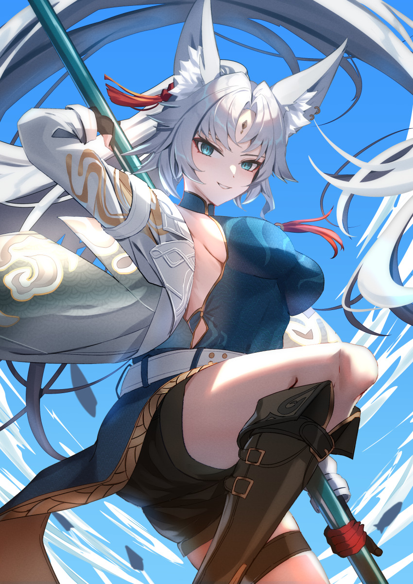 1girl absurdres alphaart animal_ear_fluff animal_ears aqua_eyes belt black_boots black_gloves black_shorts blue_shirt boots breasts clothing_cutout coat commentary feixiao_(honkai:_star_rail) forehead_jewel fox_ears fox_girl gloves grin highres holding holding_behind_back holding_polearm holding_polearm_behind_back holding_weapon holding_weapon_behind_back honkai:_star_rail honkai_(series) knee_boots large_breasts long_hair looking_at_viewer parted_bangs polearm shirt shorts side_cutout sidelocks smile solo very_long_hair weapon white_belt white_coat white_hair