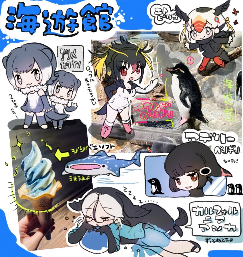 5girls :3 adelie_penguin_(kemono_friends) animal_ears ball bare_shoulders bird bird_girl bird_tail bird_wings black_footwear black_gloves black_hair black_hoodie black_jacket black_one-piece_swimsuit black_scarf black_skirt black_sweater blonde_hair blue_shirt blunt_bangs blush boots brown_eyes california_sea_lion_(kemono_friends) closed_eyes elbow_gloves fingerless_gloves fins food fur_collar glasses gloves grey_eyes grey_hair grey_one-piece_swimsuit grey_thighhighs hair_between_eyes hair_tie head_fins head_wings height_difference highres hood hood_down hoodie ice_cream inu_(user_arjr4358) jacket kemono_friends long_hair long_sleeves looking_at_viewer mittens multicolored_hair multiple_girls multiple_views one-piece_swimsuit open_clothes open_jacket open_shirt orange_hair otter_ears otter_girl otter_tail pantyhose penguin penguin_girl penguin_tail photo_background pink_boots pleated_skirt red_eyes red_hair red_pantyhose rockhopper_penguin_(kemono_friends) sandals scarf semi-rimless_eyewear shirt short_hair short_sleeves short_twintails sidelocks skirt sleeping small-clawed_otter_(kemono_friends) smile socks sweater swimsuit tail thighhighs toeless_legwear translation_request tufted_puffin_(kemono_friends) twintails two-tone_hair two-tone_hoodie two-tone_one-piece_swimsuit whale_shark white_fur white_hair white_hoodie white_one-piece_swimsuit white_socks wings zettai_ryouiki zzz