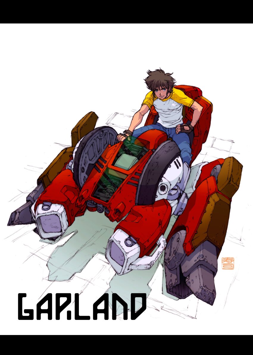 1980s_(style) 1boy absurdres fingerless_gloves full_body garland_(megazone_23) gloves highres kotobuki_tsukasa letterboxed looking_at_viewer mecha megazone_23 motor_vehicle motorcycle oldschool retro_artstyle robot short_hair smile solo yahagi_shougo