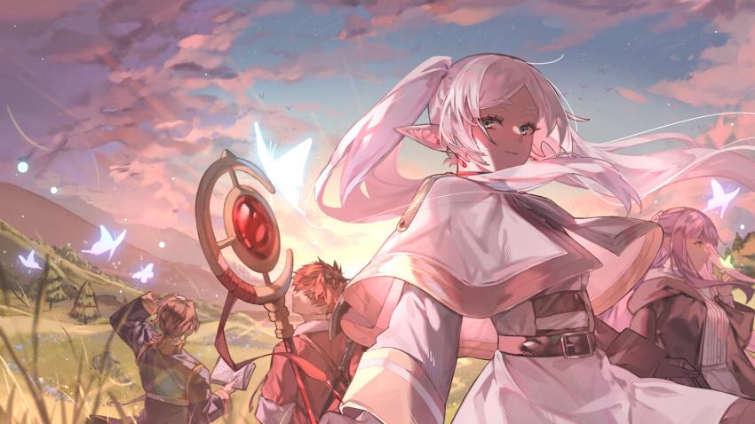 2boys 2girls belt blue_butterfly brown_hair bug butterfly capelet closed_mouth commentary_request dawn earrings elf fern_(sousou_no_frieren) field frieren green_eyes highres holding holding_staff insect jewelry long_hair looking_at_viewer looking_back multiple_boys multiple_girls outdoors pointy_ears purple_hair red_hair sein_(sousou_no_frieren) short_hair smile sousou_no_frieren spiked_hair staff standing stark_(sousou_no_frieren) twintails white_capelet white_hair yuu_(ranranran1028)