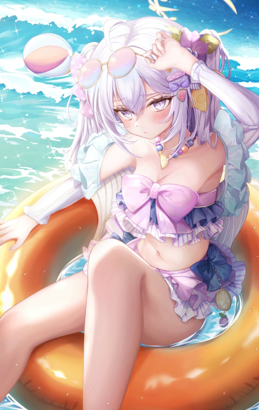 1girl absurdres arashiomoto armpits azusa_(blue_archive) azusa_(swimsuit)_(blue_archive) bare_shoulders barefoot bikini bikini_skirt blue_archive blue_bikini breasts frills grey_hair hair_ornament halo highres ocean purple_eyes swimsuit