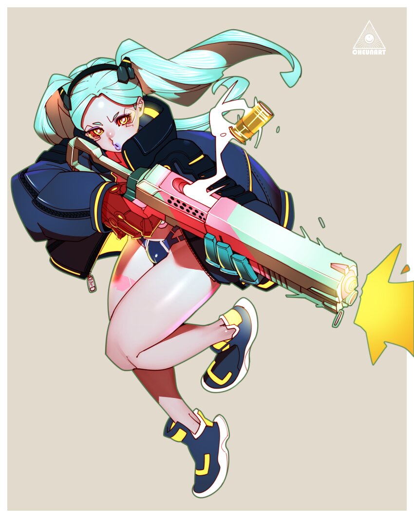 1girl absurdres aqua_hair artificial_eye black_hairband black_jacket black_panties black_shoes cheunchin colored_sclera colored_skin commentary commission cyberpunk_(series) cyberpunk_edgerunners cyborg english_commentary eyeshadow finger_on_trigger firing full_body gun hairband highres holding holding_gun holding_weapon huge_weapon jacket leg_tattoo long_legs makeup mechanical_eye mechanical_hands multi-strapped_panties muzzle_flash neck_tattoo neon_trim no_pants open_clothes open_jacket oversized_forearms oversized_limbs panties petite pink_tattoo puckered_lips purple_eyeshadow purple_lips rebecca_(cyberpunk) red_sclera samurai_jacket_(cyberpunk) shell_casing shoes shotgun sneakers solo tattoo twintails underwear weapon white_skin yellow_eyes
