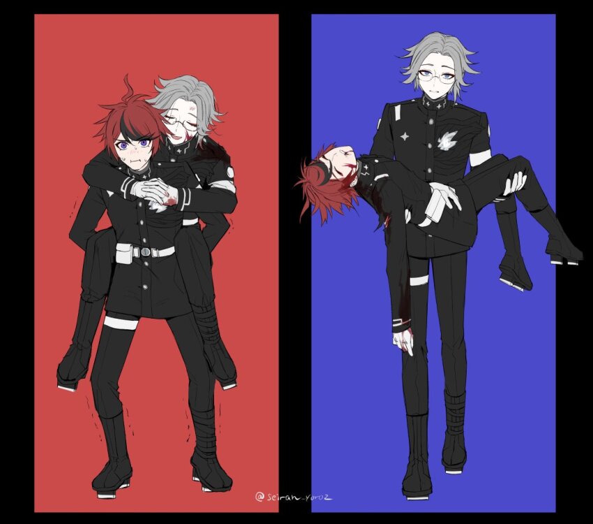 2boys ahoge aotsuki_eito armband belt belt_pouch black_border black_pants black_streaks bleeding blood blood_in_hair blood_on_clothes blood_on_face blood_on_gloves blue_background blue_eyes blush border carrying carrying_person closed_eyes gakuran geta glasses gloves grey_eyes grey_hair hole_in_chest hole_on_body injury last_defense_academy_school_uniform long_sleeves looking_at_viewer male_focus multicolored_hair multiple_boys multiple_views nose_blush pants piggyback pouch red_background red_hair school_uniform seiran_yoroz short_hair simple_background streaked_hair sumino_takumi the_hundred_line_-last_defense_academy- torn_sleeve twitter_username unconscious white_armband