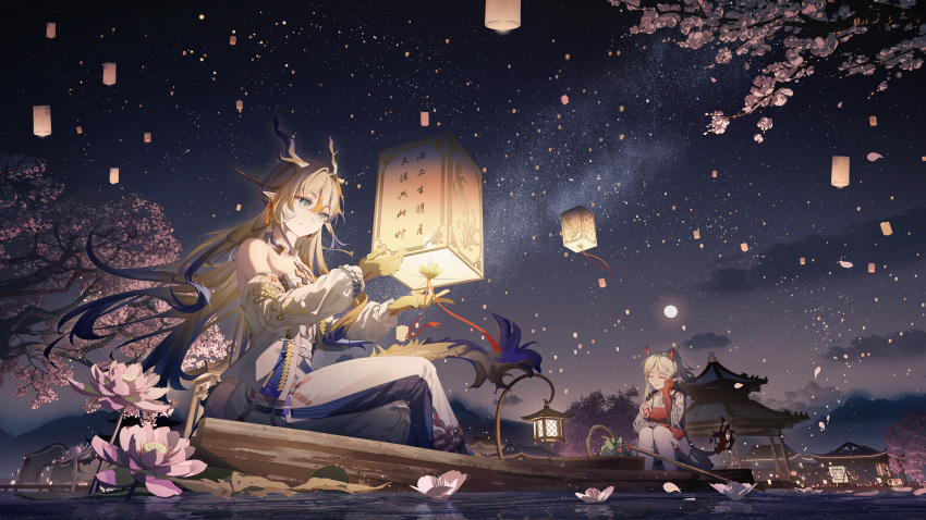 2girls absurdres architecture arknights bead_necklace beads blonde_hair blue_eyes closed_eyes closed_mouth dragon_bubble_(arknights) dragon_girl dragon_horns dragon_tail earrings east_asian_architecture eastern_dragon_horns eastern_dragon_tail flower hand_on_own_cheek hand_on_own_face highres horns hui_mou jewelry lantern long_hair lotus multicolored_hair multiple_girls necklace nian_(arknights) night night_sky pants paper_lantern pointy_ears scenery shirt shu_(arknights) sitting sky sky_lantern smile strapless strapless_shirt tail tassel tassel_earrings very_long_hair white_hair white_pants