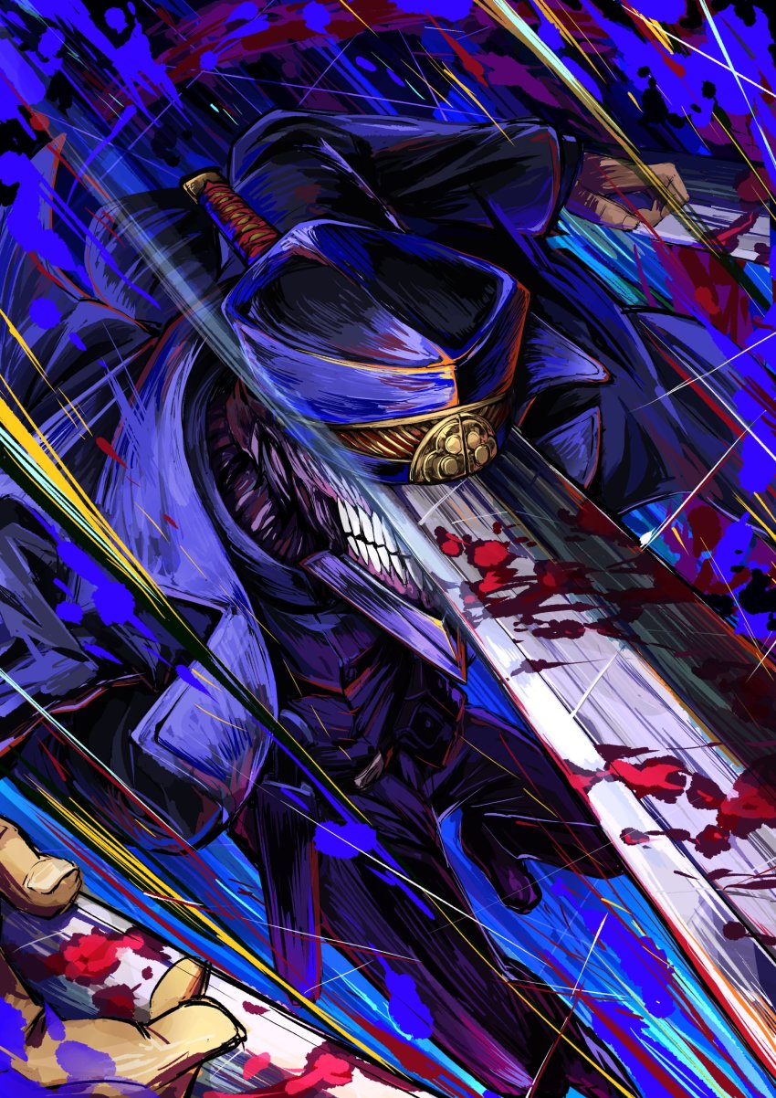 1boy absurdres black_coat black_jacket blood blood_splatter bloody_weapon blue_theme chainsaw_man coat gunjima_souichirou hat highres hybrid jacket katana katana_man_(chainsaw_man) military_hat motion_lines solo sword teeth weapon