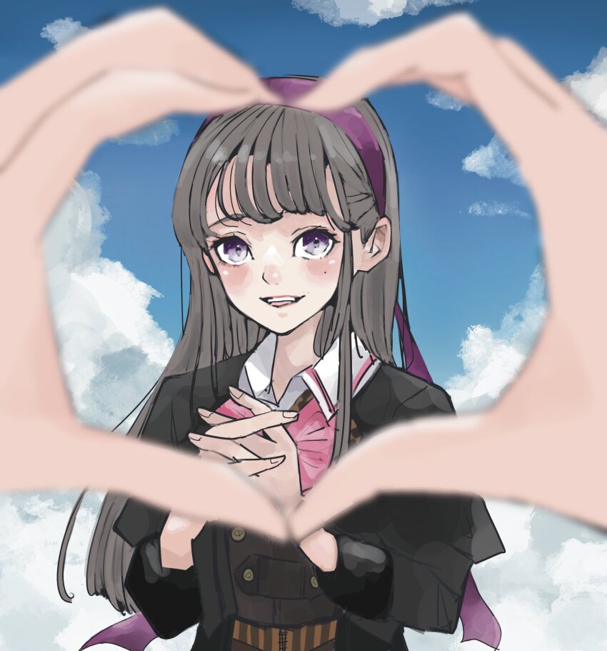 2girls assault_lily black_jacket blue_sky blurry blurry_foreground blush bow bowtie brown_hair cloud collared_shirt commentary_request dated_commentary day female_pov hair_ribbon hairband hands_up heart heart_hands highres interlocked_fingers jacket juliet_sleeves kishimoto_maria_mirai long_hair long_sleeves looking_at_viewer ludvico_private_girls&#039;_academy_school_uniform mole mole_under_eye multiple_girls outdoors own_hands_together parted_lips pink_bow pink_bowtie pov pov_hands puffy_sleeves purple_eyes purple_hairband purple_ribbon ribbon sally_(allogkk) school_uniform shirt sidelocks sky smile solo_focus teeth upper_body upper_teeth_only white_shirt