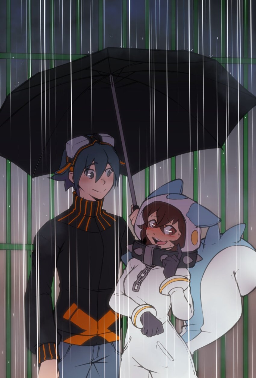 1boy 1girl blush character_request cosplay costume digimon embarrassed gen_4_pokemon nintendo open_mouth pachirisu pachirisu_(cosplay) pokemon rain rokuromon taiga_(digimon) umbrella