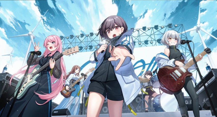 5girls absurdres amplifier bang_dream! bang_dream!_it&#039;s_mygo!!!!! belt black_belt black_dress black_shirt black_shorts black_skirt blue_eyes blue_skirt blush bottle brown_eyes brown_hair chihaya_anon clenched_teeth cloud commentary dango_remi dress drinking_straw drum drum_set drumsticks bass_guitar electric_guitar glint grey_eyes grey_hair grey_shirt guitar hand_up heterochromia highres holding holding_drumsticks holding_guitar holding_instrument holding_microphone holding_plectrum instrument jacket kaname_raana light_particles long_hair long_sleeves looking_at_viewer marshall_amplification microphone microphone_stand multiple_girls mygo!!!!!_(bang_dream!) nagasaki_soyo off_shoulder one_eye_closed open_clothes open_jacket open_mouth outdoors pink_hair playing_drum plectrum purple_eyes reaching reaching_towards_viewer shiina_taki shirt short_hair shorts sidelocks sitting skirt sky sleeveless sleeveless_shirt smile stage stage_lights sweater takamatsu_tomori teeth upper_teeth_only w water_bottle white_jacket white_sweater windmill yellow_belt yellow_eyes