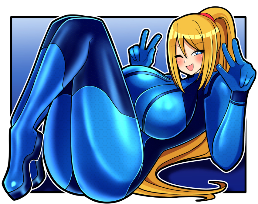 1girl ass blonde_hair blue_eyes breasts double_v huge_breasts iriomote_umineko large_breasts legs_up light_blush lying metroid nintendo on_back one_eye_closed open_mouth ponytail samus_aran sidelocks simple_background smile solo v wink zero_suit
