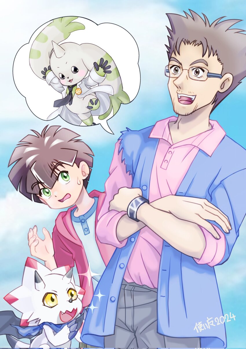 amanokawa_hiro amanokawa_hokuto digimon digimon_(creature) digimon_ghost_game gammamon highres horns scarf tail terriermon_assistant wings yellow_eyes