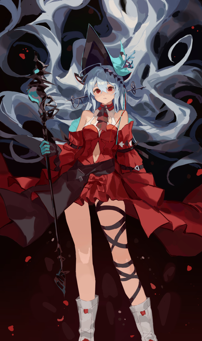 1girl absurdres arknights blue_hat boots breasts chun_sam clothing_cutout dress floating_hair hat highres holding holding_staff long_hair looking_at_viewer medium_breasts navel_cutout parted_lips red_dress red_eyes skadi_(arknights) skadi_the_corrupting_heart_(arknights) solo staff standing very_long_hair white_boots white_hair