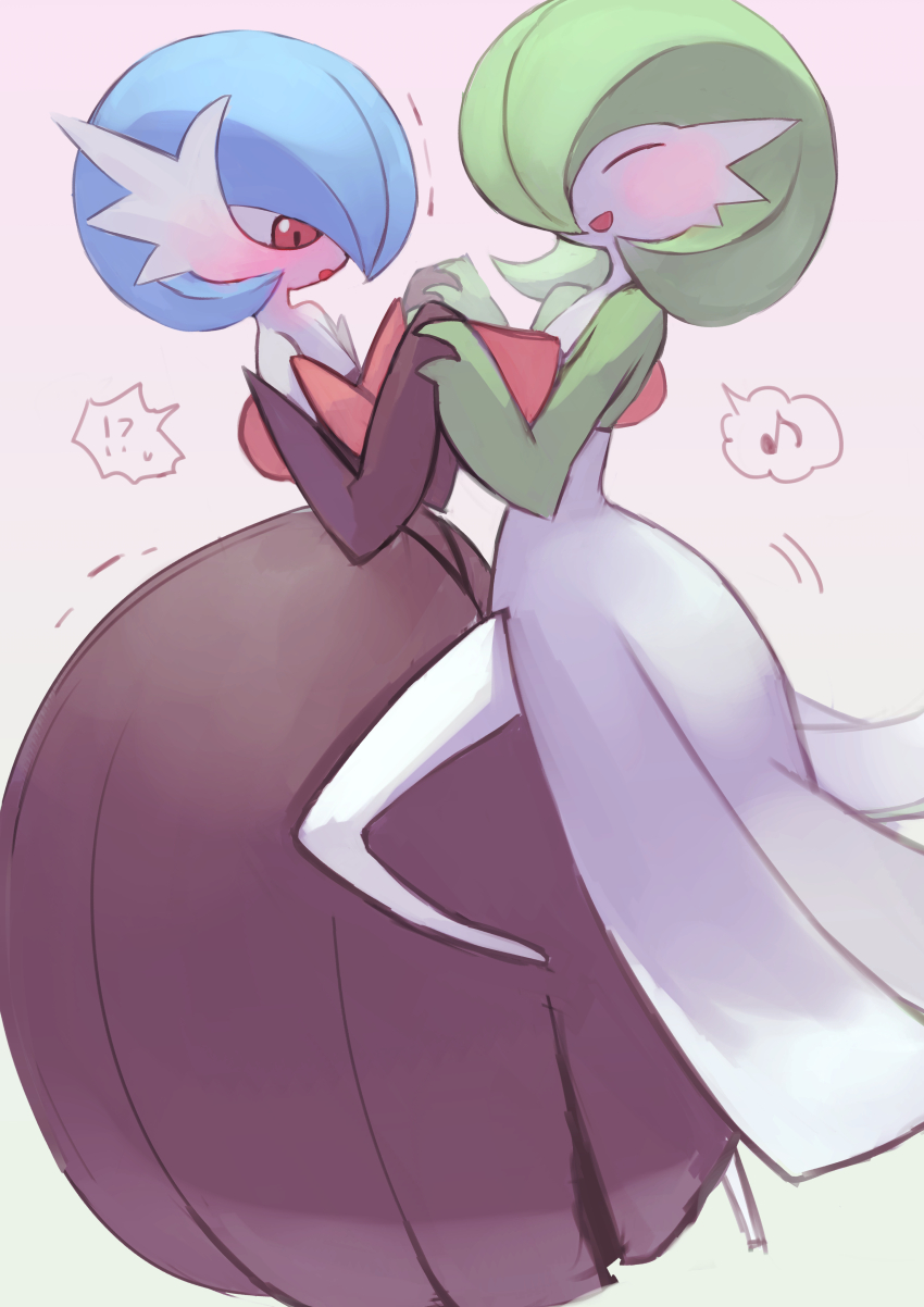 absurdres alternate_color black_dress black_gloves blue_hair blush bob_cut closed_eyes dancing dress elbow_gloves gardevoir gen_3_pokemon gloves green_hair highres holding_hands mega_gardevoir mega_pokemon musical_note nintendo open_mouth pokemon pokemon_(creature) shiny_pokemon sketch strapless strapless_dress uedrk_yamato white_dress