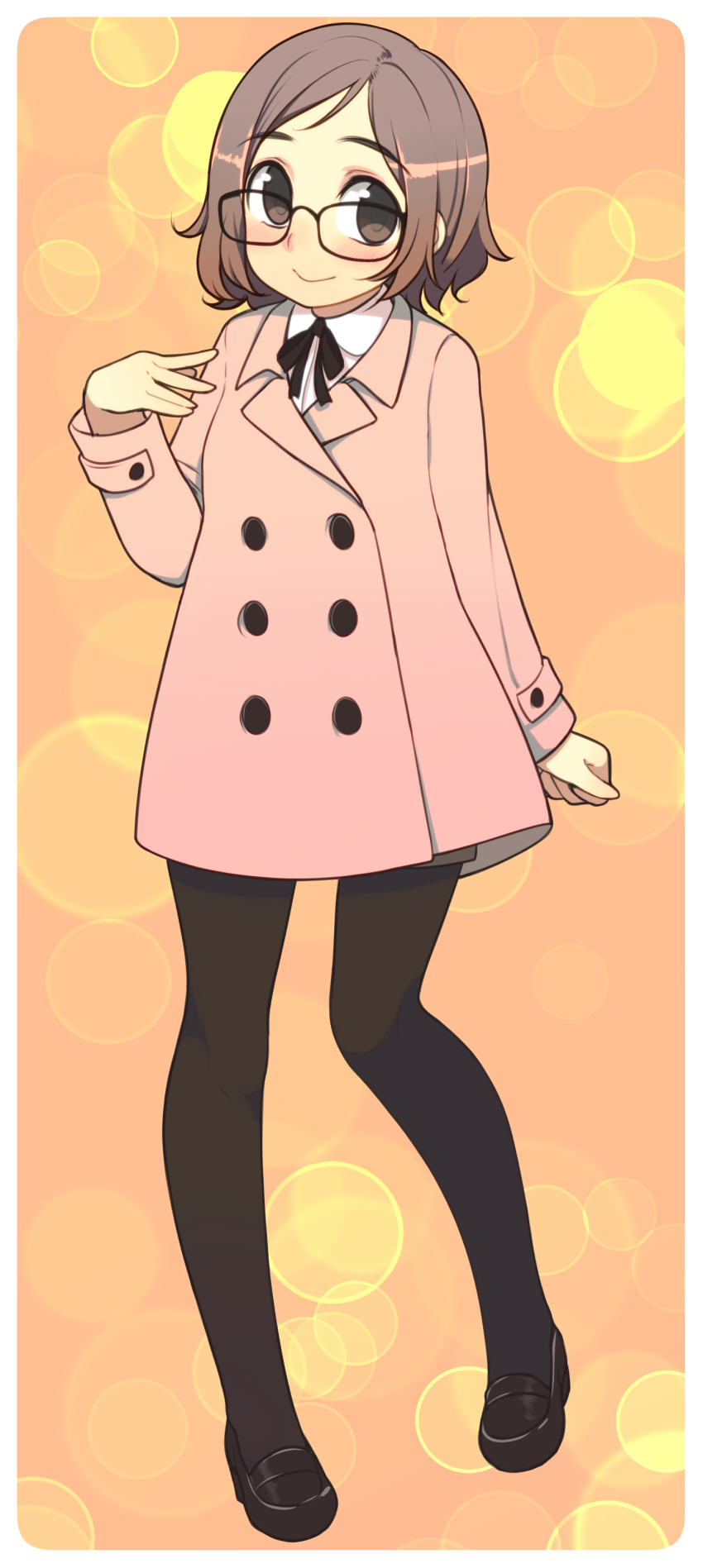 1girl absurdres black_pantyhose brown_eyes brown_hair brown_pantyhose coat female_focus full_body glasses highres loafers looking_at_viewer original oza_watto pantyhose pantyhose_under_shorts peacoat shoes short_hair shorts smile solo
