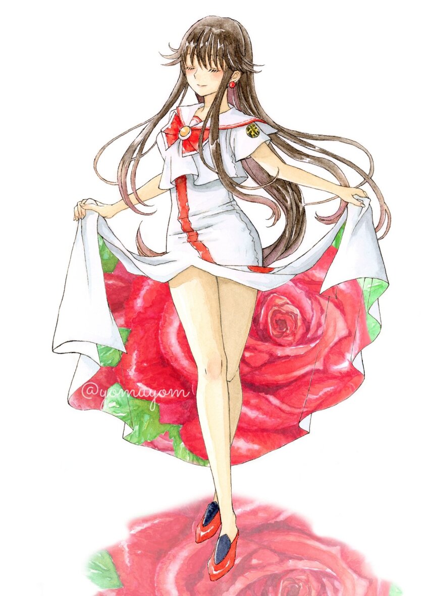 1girl akira_ferrari aria_(manga) blush bow bowtie brown_hair closed_eyes closed_mouth dress earrings eyelashes flower full_body highres himeya_company_uniform jewelry legs long_hair miyano_(yomuyom) red_bow red_bowtie red_footwear rose sailor_collar short_sleeves sidelocks skirt_hold solo standing twitter_username very_long_hair white_background white_dress