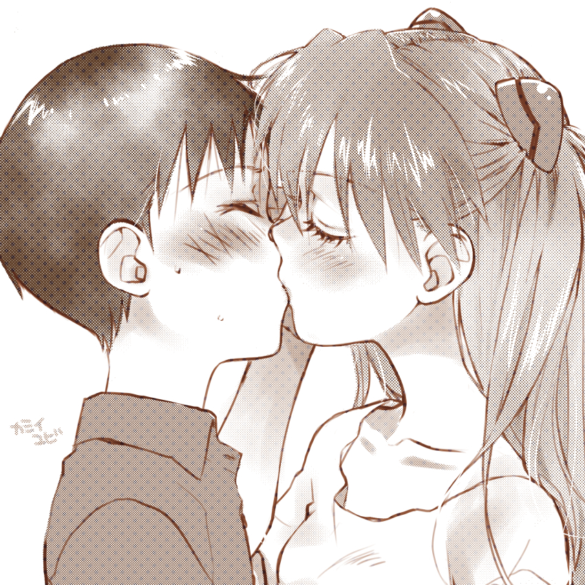 1boy 1girl blush breasts closed_mouth couple greyscale hair_between_eyes highres ikari_shinji lips long_hair monochrome neon_genesis_evangelion shirt short_hair short_sleeves simple_background souryuu_asuka_langley sweat upper_body white_background yubi_kamii