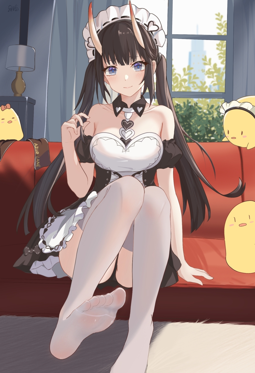 1girl absurdres apron azur_lane bare_shoulders black_dress black_hair breasts building collarbone couch curtains desk_lamp detached_sleeves dress foot_out_of_frame frilled_apron frills highres horns indoors lamp long_hair looking_at_viewer maid_headdress manjuu_(azur_lane) medium_breasts noshiro_(azur_lane) noshiro_(hold_the_ice)_(azur_lane) official_alternate_costume puffy_short_sleeves puffy_sleeves purple_eyes short_sleeves sitting skyscraper solo thighhighs variant_set white_apron white_thighhighs window zerosama_(sailuojiang)