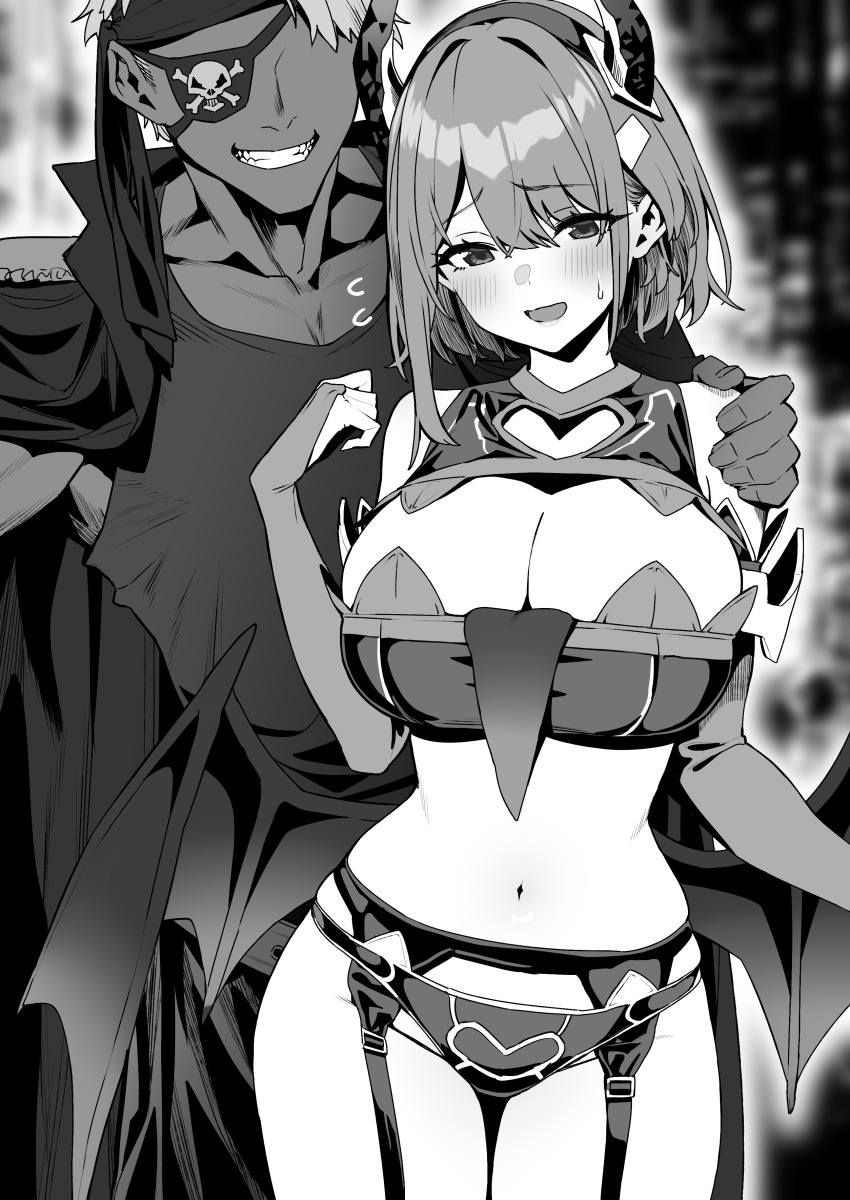 1boy 1girl absurdres baffu bikini breasts bridal_gauntlets cleavage clenched_teeth commentary_request dark-skinned_male dark_skin demon_horns demon_wings eyepatch faceless faceless_male fake_horns garter_belt greyscale hairband hand_on_another&#039;s_shoulder highres hitoyo_(baffu) horns large_breasts looking_at_viewer monochrome navel original short_hair skull_and_crossbones smile standing swimsuit teeth thighs wings