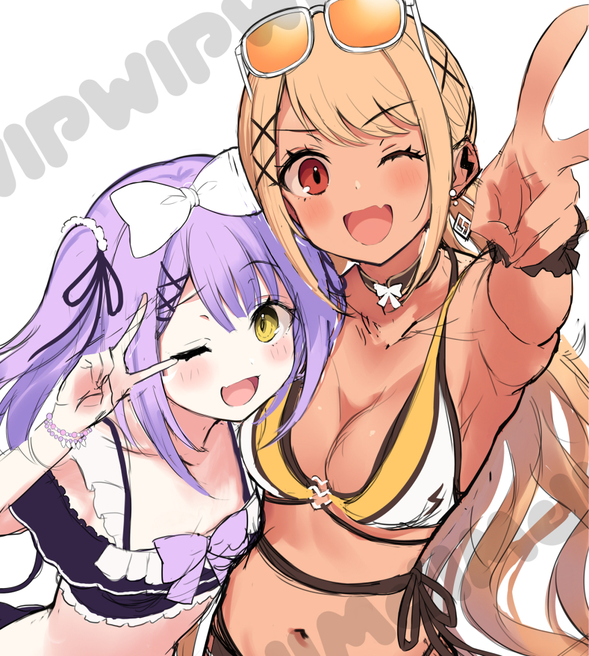 2girls bare_arms bare_shoulders bikini black_bikini blonde_hair bow bow_bikini bow_choker breasts choker cleavage cut_bangs earrings eyewear_on_head fang flat_chest frilled_bikini frilled_bikini_top frilled_tankini frills from_above hair_bow hair_ornament hair_ribbon hairclip highres jewelry kaminari_qpi kaminari_qpi_(summer_c102) kurebayashi_noe long_hair looking_at_viewer medium_breasts medium_hair midriff multiple_girls navel off-shoulder_bikini off_shoulder one_eye_closed orange_eyes purple_bow purple_hair ribbon shinomiya_runa shinomiya_runa_(summer_c102) shoulder-to-shoulder sidelocks simple_background skin_fang smile stomach sunglasses swept_bangs swimsuit tankini twintails two_side_up upper_body v virtual_youtuber vspo! waist_ribbon white_background wrist_straps wristband x_hair_ornament yellow_eyes