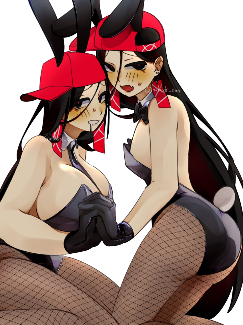 2girls animal_ears ass backwards_hat black_hair black_leotard breasts cleavage drooling dual_persona fake_animal_ears fishnet_pantyhose fishnets hat highres large_breasts leotard medium_breasts multiple_girls neboshi_(neboshi_san) pantyhose playboy_bunny rabbit_ears rabbit_tail red_pupils straight_hair synthesizer_v tail vimalion_pro yi_xi_(synthesizer_v)