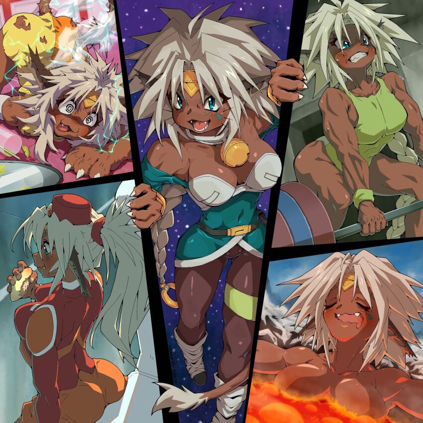 1girl aisha_clanclan animal_ears ass barbell bathing bell belt belt_buckle blue_eyes blush braid breasts buckle cat_ears cat_girl cat_tail circlet claws cleavage clenched_teeth closed_eyes completely_nude convenient_censoring covered_abs cup dark-skinned_female dark_skin drinking_glass drinking_straw eating electricity electrocution exercising facial_mark fangs female_focus food fourth_wall fruit green_eyes hair_intakes hat highres holding holding_food indoors jingle_bell large_breasts lava leggings leotard lime_(fruit) lime_slice long_braid long_hair looking_at_viewer medium_hair messy_hair multiple_views muscular muscular_arms muscular_female muscular_legs neck_bell nude off_shoulder official_alternate_costume open_mouth outdoors outlaw_star ponytail sharp_toenails single_braid standing sweat tail teeth toenails torn_clothes tray very_long_hair wakazhi weightlifting weights white_hair wristband
