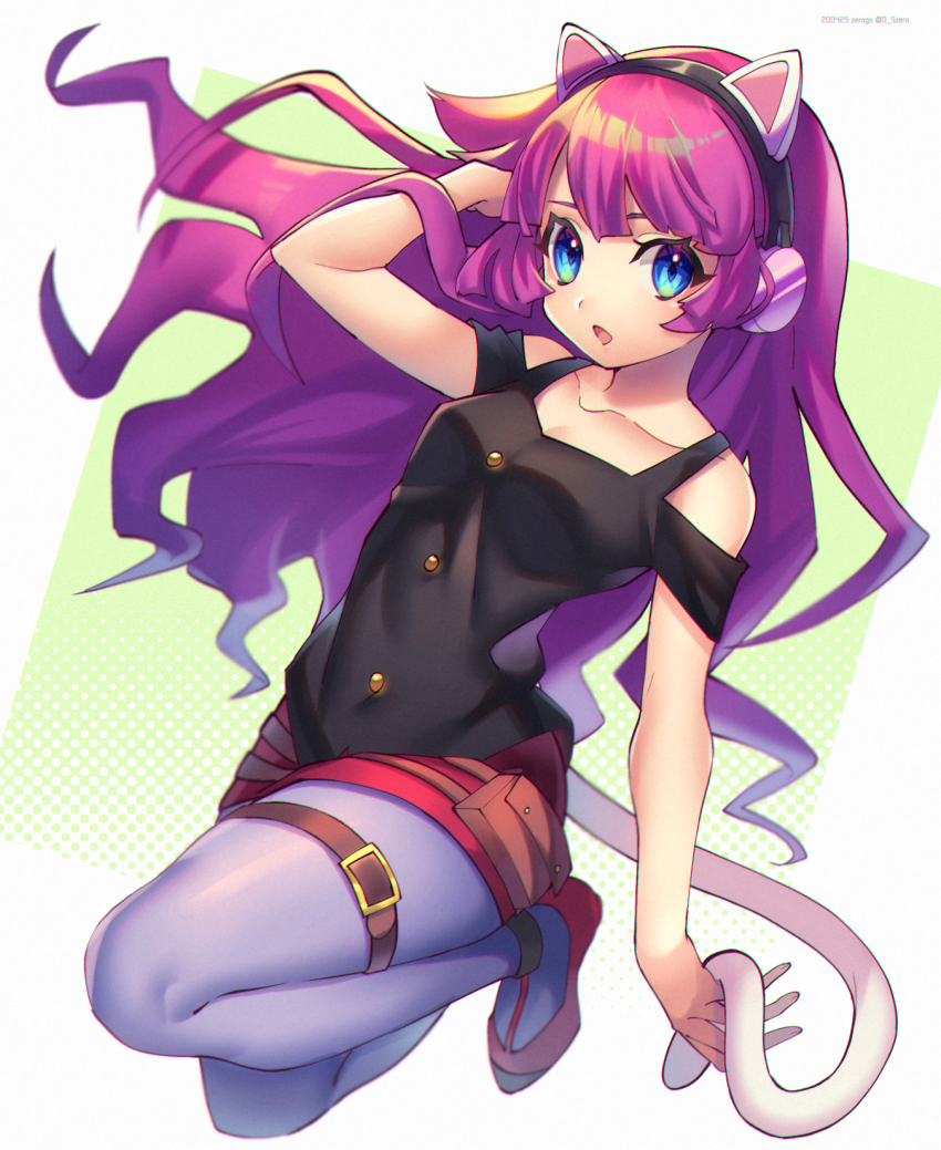 1girl animal_ear_headphones animal_ears black_shirt blue_eyes cat_ear_headphones cat_tail clothing_cutout fake_animal_ears hand_in_own_hair headphones highres kirishima_romin long_hair looking_at_viewer miniskirt open_mouth pantyhose purple_hair purple_pantyhose red_footwear red_skirt shirt shoulder_cutout skirt tail thigh_strap yu-gi-oh! yu-gi-oh!_sevens zero-go