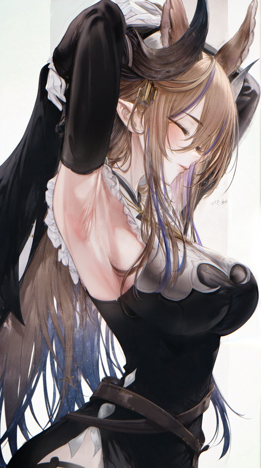 1girl absurdres animal_ears armpits arms_up belt black_shirt blue_hair blush breasts brown_belt brown_hair brown_horns closed_eyes detached_sleeves frills galleon_(granblue_fantasy) gloves granblue_fantasy hair_between_eyes highres horns large_breasts long_hair long_sleeves multicolored_hair pointy_ears renoahh shirt solo streaked_hair white_gloves