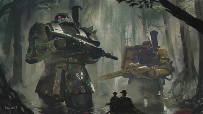 2boys absurdres artist_name boat commentary cowboy_shot day english_commentary green_jacket gun gundam gundam_unicorn hat highres holding holding_gun holding_weapon horns icemarv14 jacket mecha mecha_focus mobile_suit multiple_boys one-eyed outdoors purple_eyes rifle robot rowboat science_fiction shoulder_spikes single_horn sniper_rifle soldier spikes standing tree wading water watercraft weapon wetland zaku_i_sniper_type zaku_ii zeon