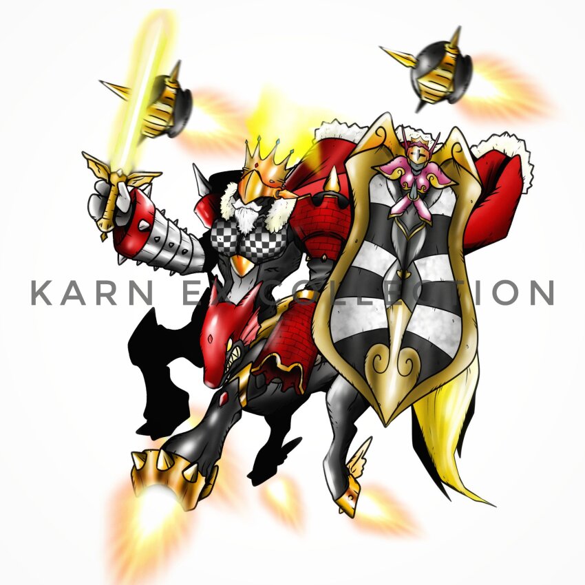 digimon digimon_(creature) fusion highres kingchessmon oridigi original queenchessmon simple_background solo weirdomonmaster white_background