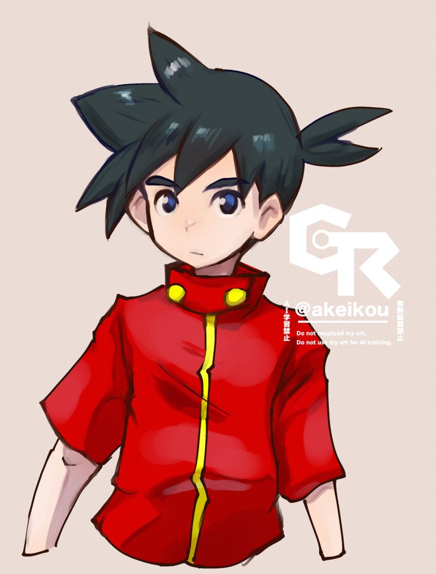 1boy akeikou artist_logo black_hair blue_eyes brown_background highres logo male_focus medarot red_shirt shirt simple_background solo tenryou_ikki upper_body watermark