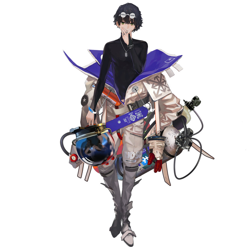 1boy black_hair bodysuit diving_suit dog_tags full_body game_cg girls&#039;_frontline girls&#039;_frontline_neural_cloud goggles goggles_on_head hand_to_own_mouth helmet highres holding holding_helmet jewelry lin+ looking_at_viewer male_focus official_art oxygen_tank partially_unzipped ring solo space_helmet spacesuit sueyoi_(neural_cloud) third-party_source transparent_background unworn_headwear unworn_helmet wetsuit