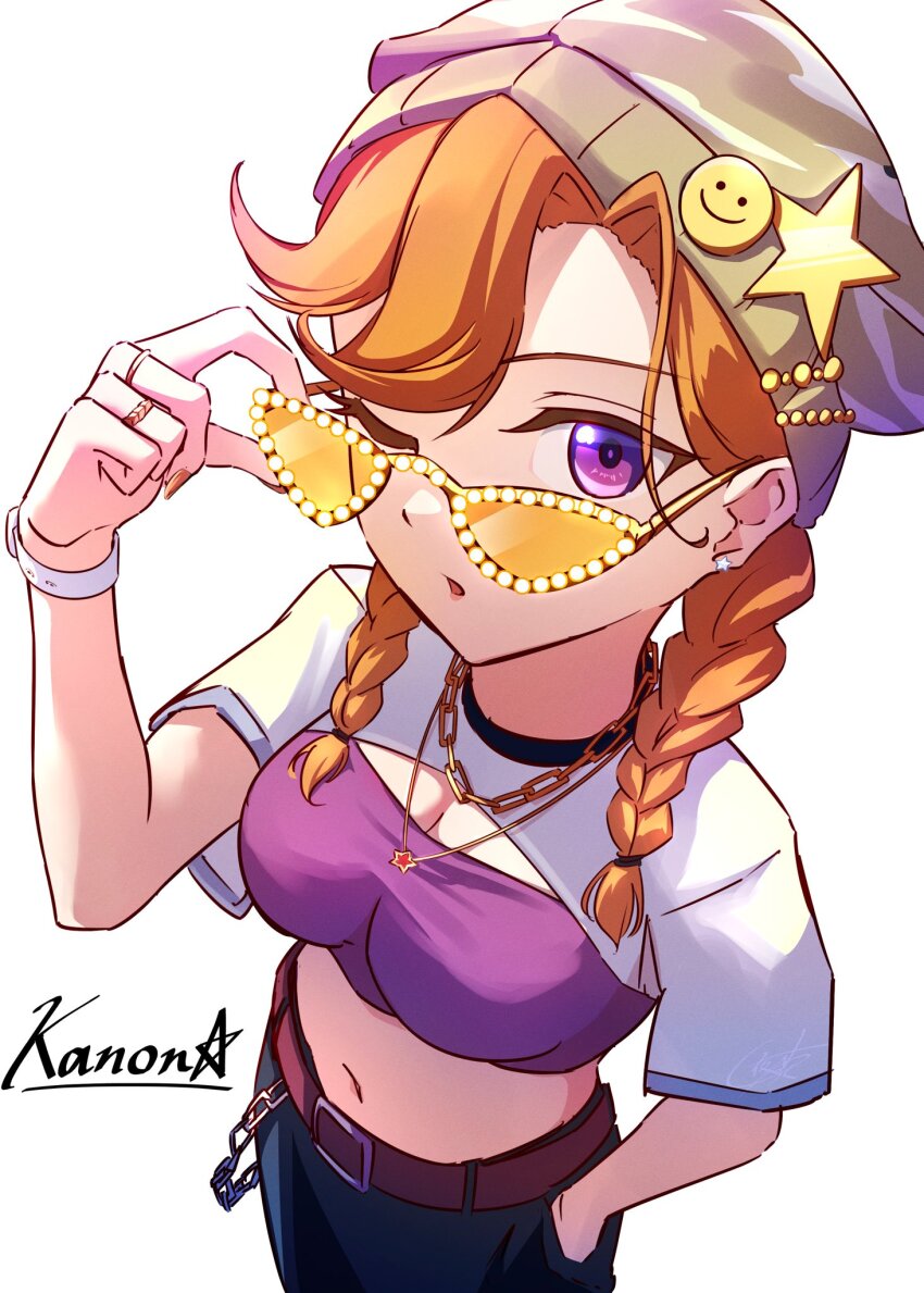1girl beanie black_skirt braid breasts brown_hat character_name cleavage closed_mouth commentary_request cowboy_shot from_above hair_between_eyes hat heart highres jewelry like_and_redraw_challenge looking_at_viewer love_live! love_live!_superstar!! low_twin_braids midriff navel necklace one_eye_closed orange_hair polka_dot purple_eyes purple_shirt redrawn shibuya_kanon shirt short_sleeves shrug_(clothing) simple_background skirt solo star_(symbol) star_necklace sunglasses swept_bangs tinted_eyewear twin_braids white_background white_shrug yatoroku yellow-framed_eyewear yellow-tinted_eyewear